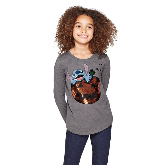 Girls' Lilo & Stitch Halloween Flip Sequin Long Sleeve T-Shirt - Charcoal L, Gre - Picture 6 of 13